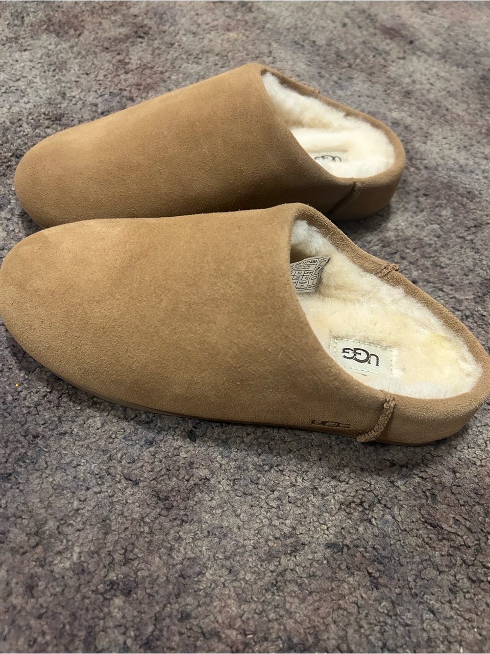 UGG women’s Chestnut Tan Suede Shearling Clog Slippers